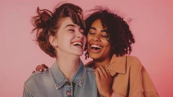 Two Young Women Laughing Together In Front Of A Pink Background photo