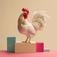 White Rooster Standing on Colorful Blocks photo