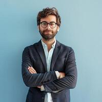 Confident Man in Suit With Arms Crossed Against a Blue Wall photo