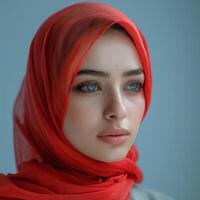 Close Up Portrait of Young Woman Wearing a Red Hijab photo