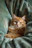 Orange Tabby Cat Relaxing on Green Bedding During the Day photo