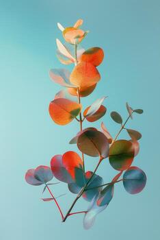 Eucalyptus Branch With Colorful Leaves Against a Blue Background photo