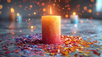 A Single Burning Candle Surrounded by Confetti on a Wooden Table photo