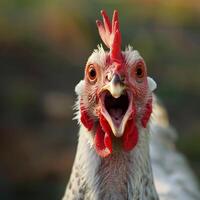 Close Up of a White Hen With Red Comb Screaming photo