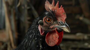 Close Up Of A Black Chicken With Red Comb In A Rural Setting photo