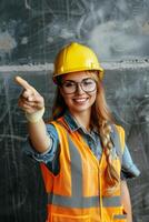 Female Construction Worker Wearing Safety Glasses and Hard Hat Points to the Left photo