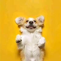Happy Dog Laying on Its Back on Yellow Background photo