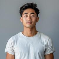 Young Asian Man in White T-Shirt Posing Against Gray Background photo