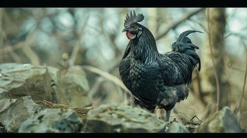 Black Rooster Standing on Rocks in Forest photo