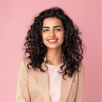 retrato de un sonriente mujer con Rizado pelo en contra un rosado antecedentes foto
