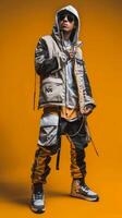 Young Man in a Hooded Jacket Posing Against a Yellow Background photo