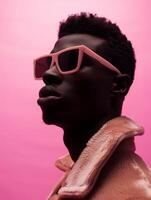 Man Wearing Pink Sunglasses and Brown Jacket Against Pink Background photo