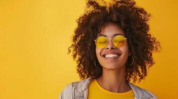 Smiling Woman In Yellow Sunglasses Against Yellow Background photo
