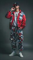 Young Man Posing in Red and Camo Outfit Against Gray Background photo