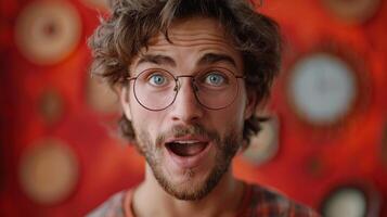 Close Up Portrait of Young Man With Glasses in Front of Red Background photo