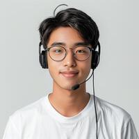 Young Man Wearing Headset and Glasses in Studio photo