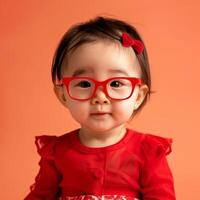 Portrait of a Toddler Girl Wearing Red Glasses and a Red Outfit Against an Orange Background photo