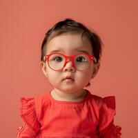 Toddler Girl Wearing Red Glasses Against a Coral Background photo