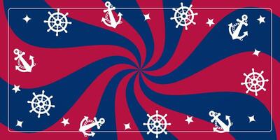Swirling American Columbus Day Background. Sunlight Vortex with Star Icons, Anchor and ship rudder. Free Copy Space Area Design vector