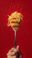 Hand Holding Fork With Spaghetti and Tomato Sauce Against Red Background photo