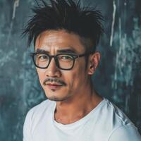 Asian Man With Black Hair and Glasses Looking at Camera photo
