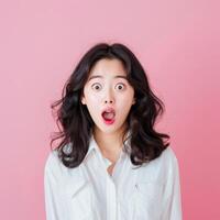 Young Woman With Surprised Expression In Front Of Pink Background photo
