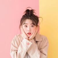 Young Woman With Surprised Expression in Pink and Yellow Studio photo