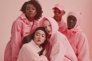 Group Of Friends Wearing Pink Clothing In Studio Setting photo