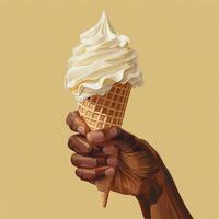 A Hand Holding a Vanilla Ice Cream Cone on a Yellow Background photo