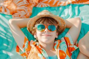 Young Boy Relaxing on Blue Blanket With Sunglasses and Hat on a Sunny Day photo