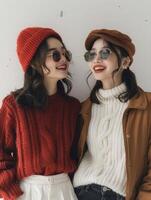 Two Young Women Wearing Knit Sweaters and Sunglasses in Winter photo