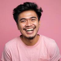 Portrait of a Smiling Asian Man Wearing a Pink T-Shirt Against a Pink Background photo