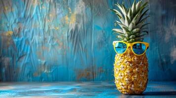 Pineapple Wearing Sunglasses in Front of a Blue Background photo