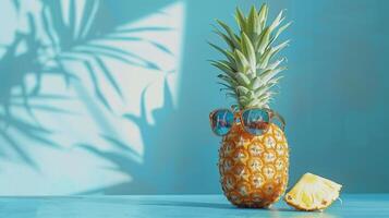 Pineapple Wearing Sunglasses Against a Blue Background photo