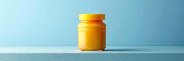 Yellow Jar of Mango Sauce on Blue Table photo