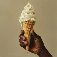 A Hand Holding a Melting Vanilla Ice Cream Cone photo