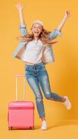 Happy Young Woman Jumping With Suitcase Against Yellow Background photo