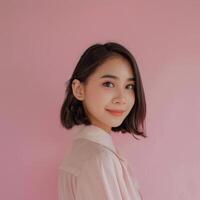 Young Woman With Short Hair Smiling in Front of a Pink Wall photo