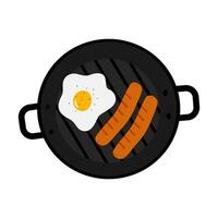 Rustic breakfast with sausages, fried egg, salt and pepper in grill pan Top view Isolated on white. Menu cards, poster, banner, brochure or web, price tag, label or web, promo design concept vector