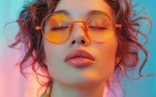 A Close-Up Portrait of a Woman Wearing Round Sunglasses and Earrings, Lit by a Warm, Multicolored Light photo