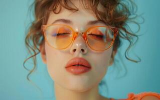 A Woman's Eyes Closed in Thoughtful Tranquility Against a Cool Blue Background photo