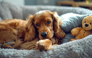 A Golden Cocker Spaniel Resting Comfortably in Their Plush Dog Bed photo
