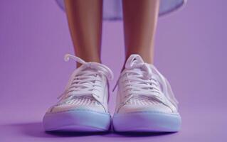 A Pair of White Sneakers Stand Ready for a Day of Exploration on a Purple Background photo