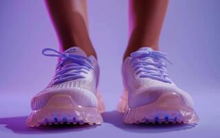 A Pair of White Sneakers With Lilac Laces Ready for a Run photo