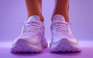 A Pair of Lavender Running Shoes Glowing Under a Purple Light photo