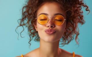 A Close-Up Portrait of a Woman With Curly Hair Wearing Yellow Sunglasses and Making a Kissy Face Against a Blue Background photo