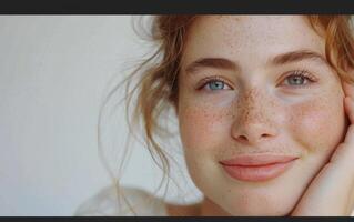 A Close-Up Portrait of a Woman With Freckles and Blue Eyes, Softly Smiling Against a White Background photo