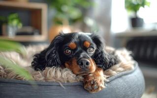 A Cavalier King Charles Spaniel Rests In A Cozy Bed With A Peaceful Gaze photo