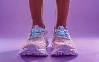 A Close-Up View of Pink and Blue Running Shoes on a Purple Background photo