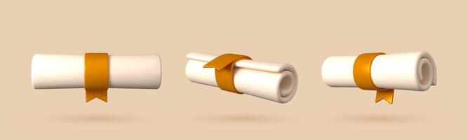 Set of diploma scroll icon. 3D representation of a university certificate, business license, or graduation document. vector